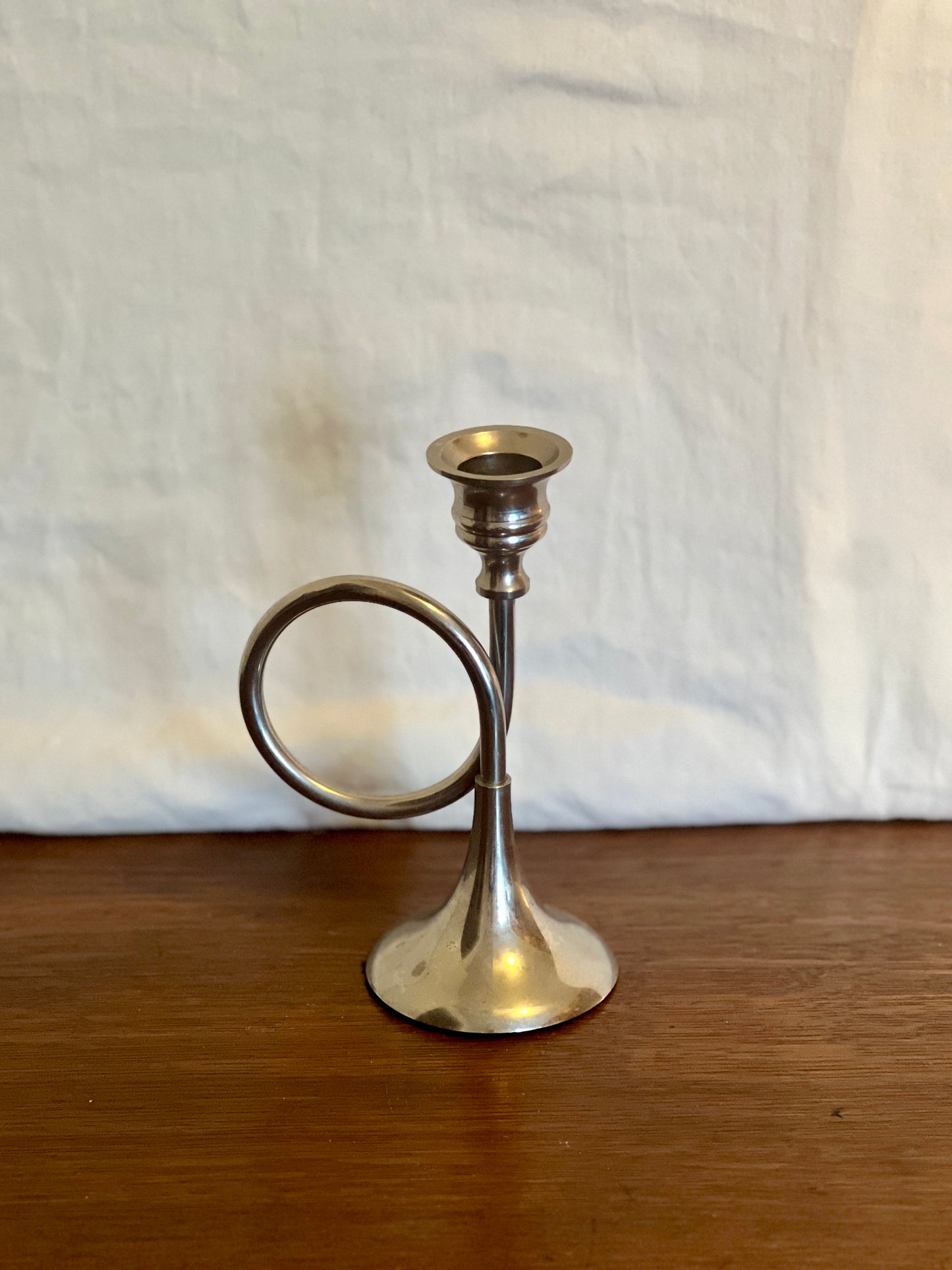 Silver Toned French Horn Candlestick